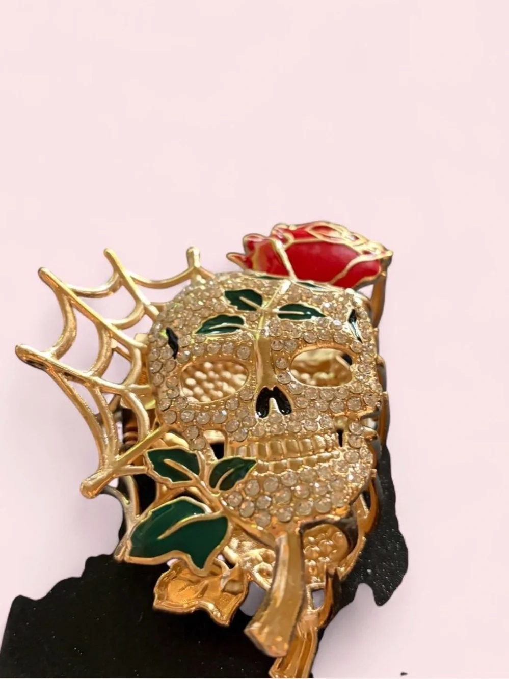 Nicole Miller Gold Skull Hair Claw with Red Rose and Green Leaves